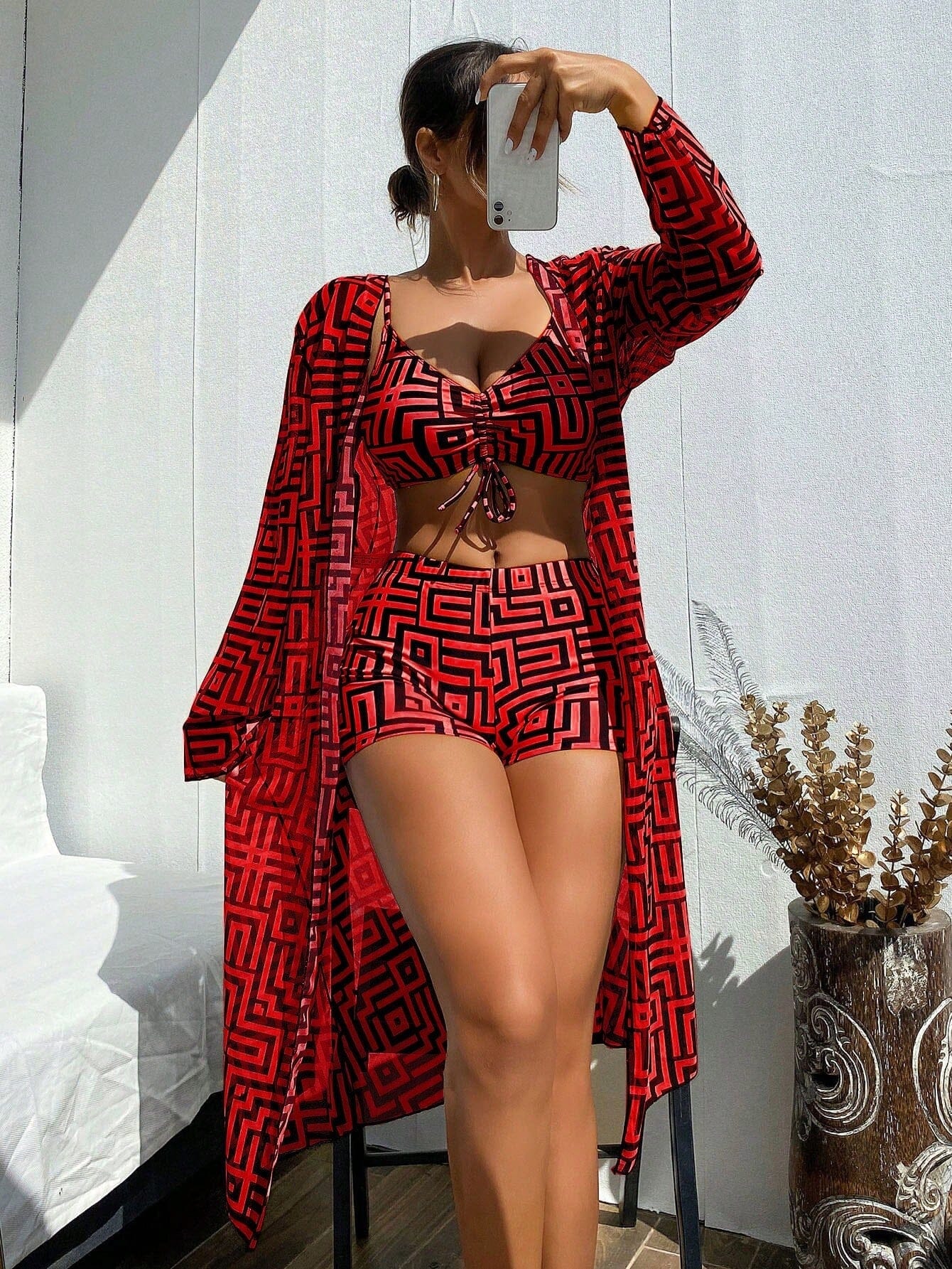 Bikini-Set mit Geometrischem Kimono